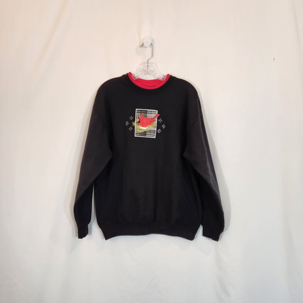 M & C SPORTSWEAR VTG‎ Black Red Grandmacore Grannycore Sweatshirt Women L FLAWED